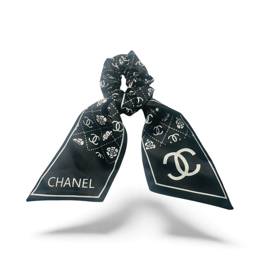 Black & White Designer-Inspired Satin Hair Scrunchie Scarf | Luxury CC Style Accessory