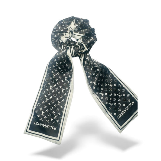 Black & Ivory Designer-Inspired Satin Hair Scrunchie Scarf | Luxury Monogram Accessory