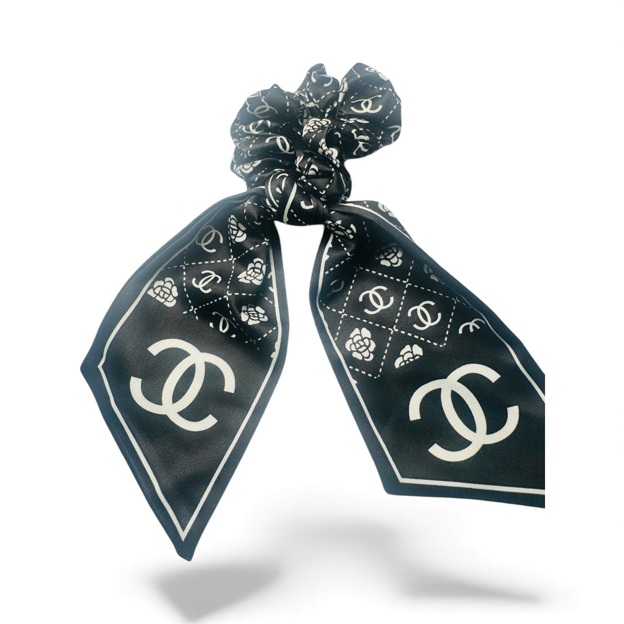 Black Designer-Inspired Satin Hair Scrunchie Scarf | Luxury CC Style Monogram
