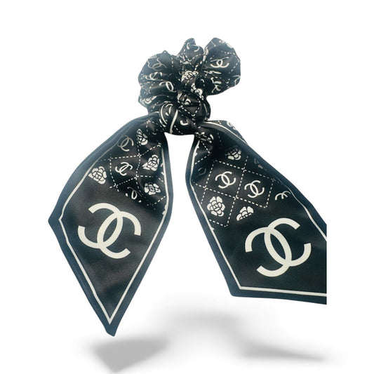 Black Designer-Inspired Satin Hair Scrunchie Scarf | Luxury CC Style Monogram