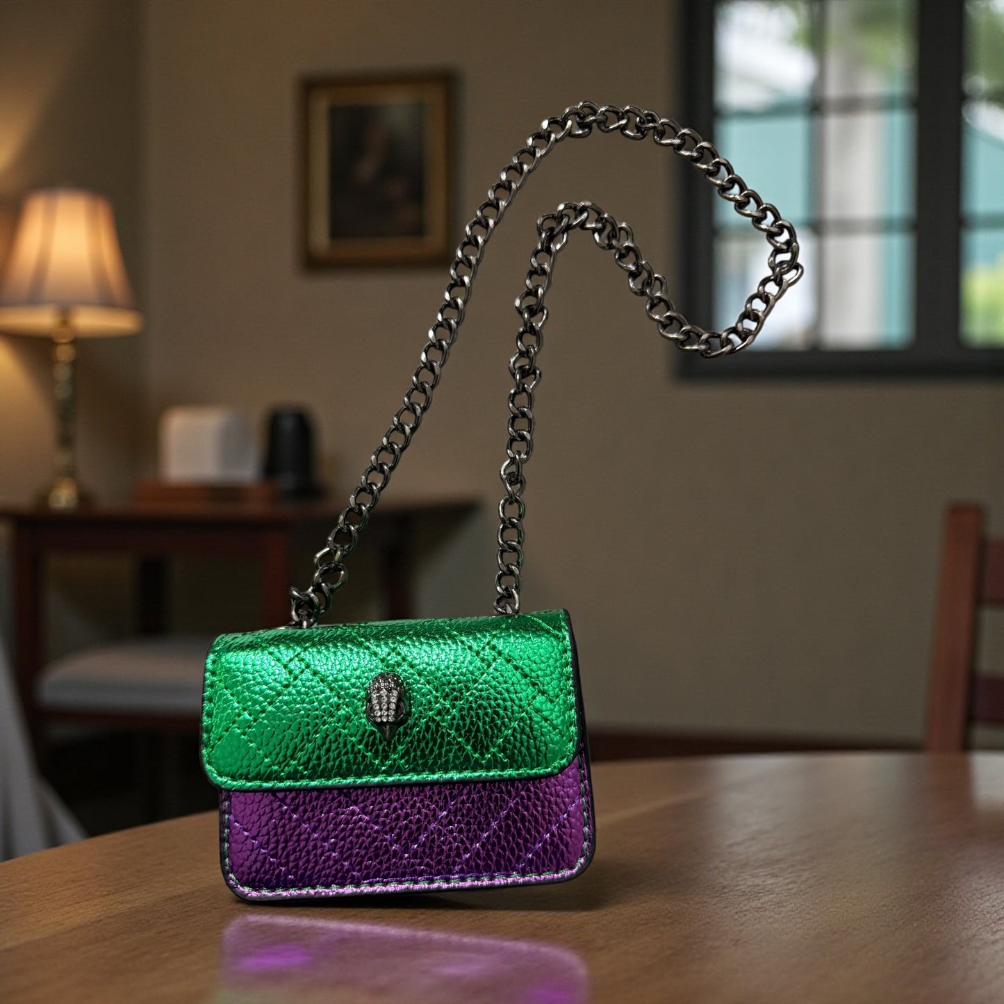 Mardi Gras Mini Metallic Chain Crossbody Bag (Green & Purple)