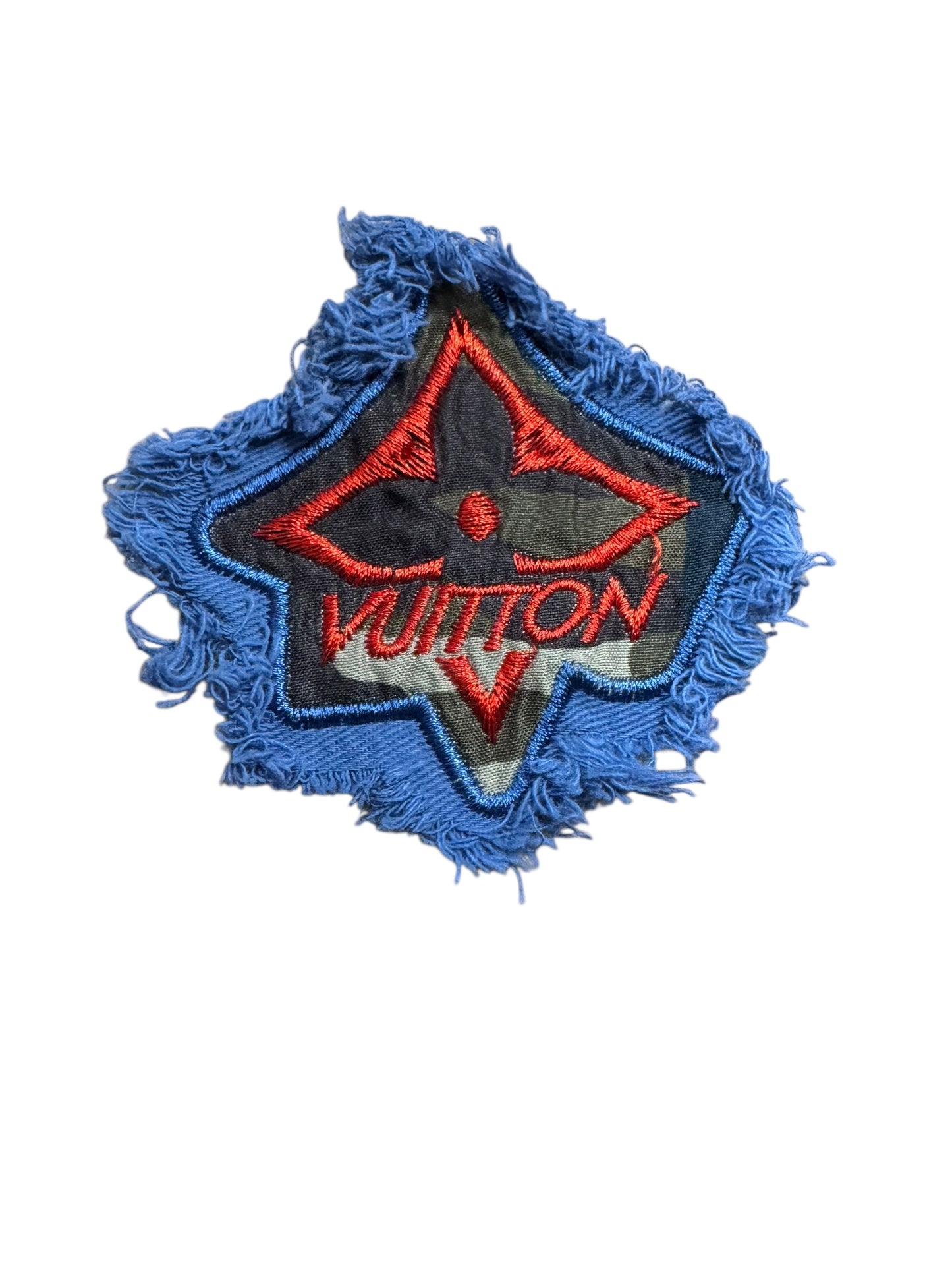 LV-INSPIRED CAMO distressed DENIM STAR RED LETTERS