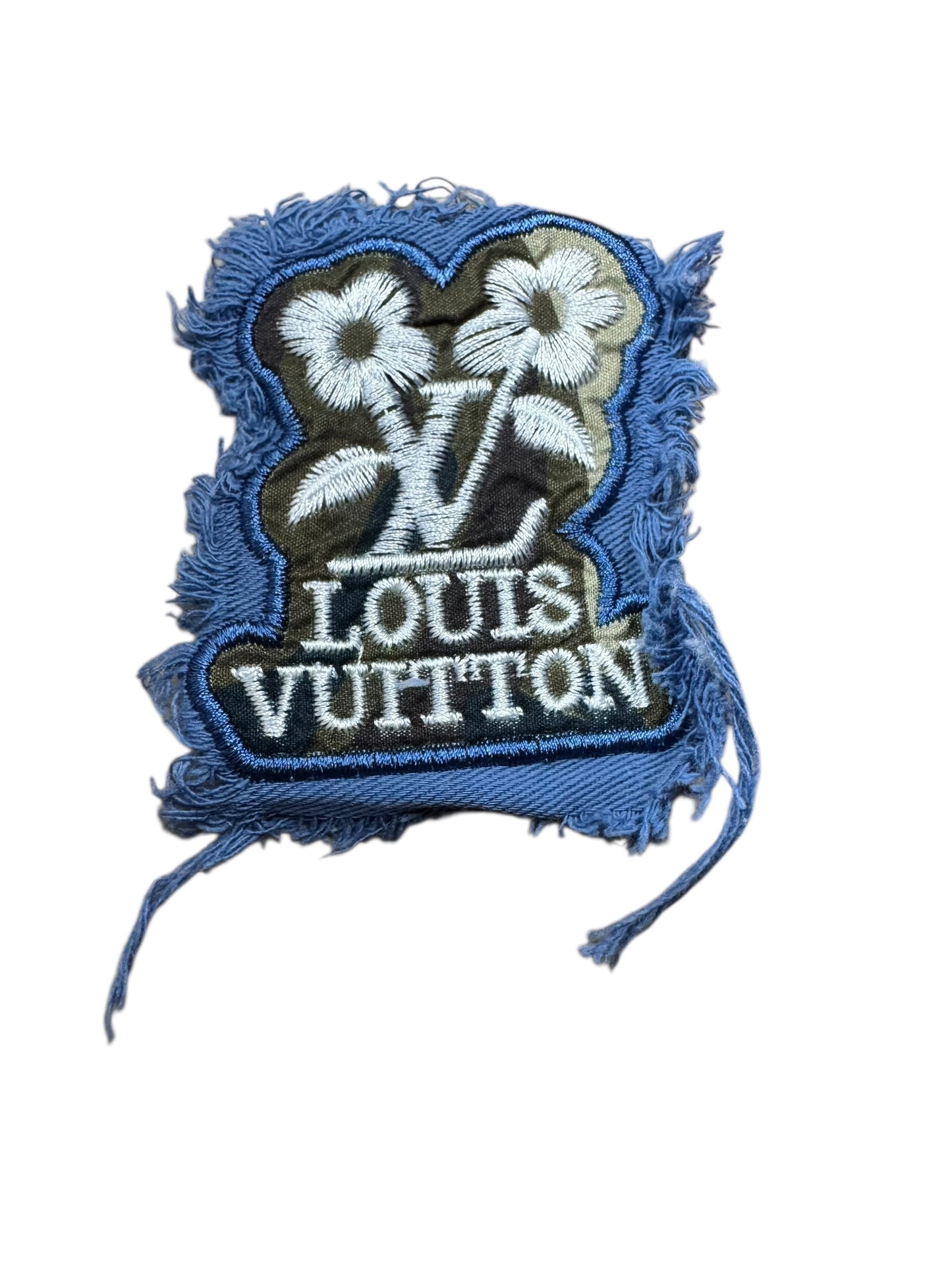 LV-INSPIRED CAMO distressed DENIM FLOWER W/WHITE LETTERS