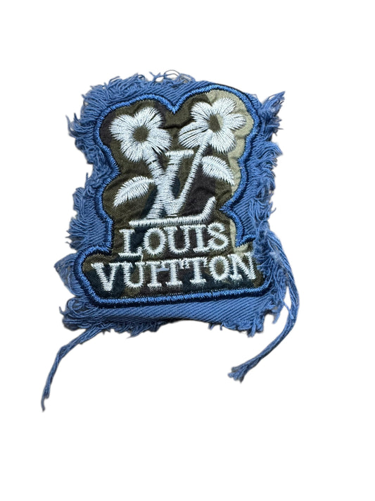 LV-INSPIRED CAMO distressed DENIM FLOWER W/WHITE LETTERS